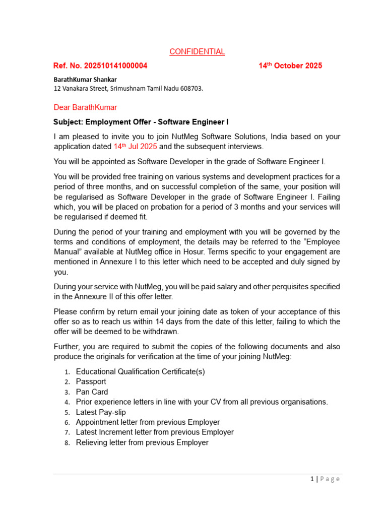 NutMeg Software Engineer I Offer Letter | PDF | Employment | Insurance