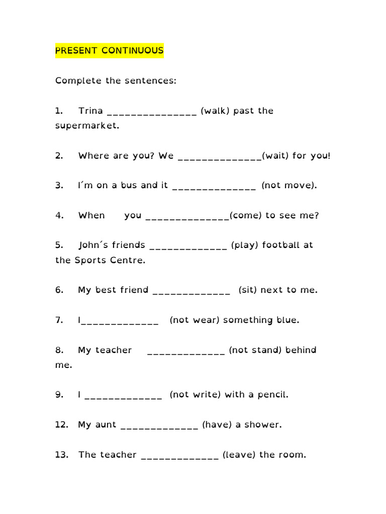 Present Continuous Sentence Exercises | PDF