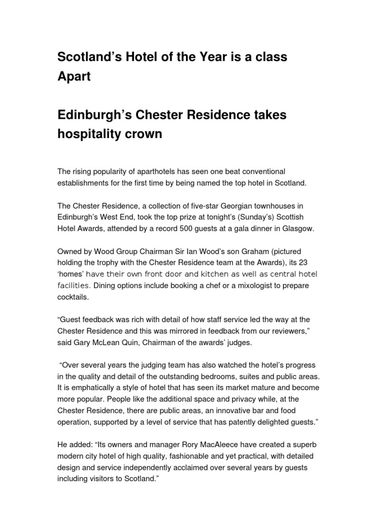Chester Residence Named Scotland's Top Hotel | PDF