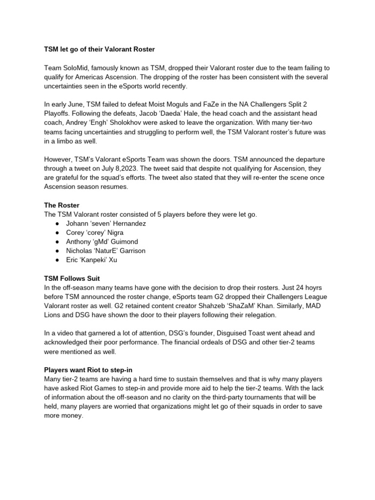 TSM Let Go of Their Valorant Roster | PDF