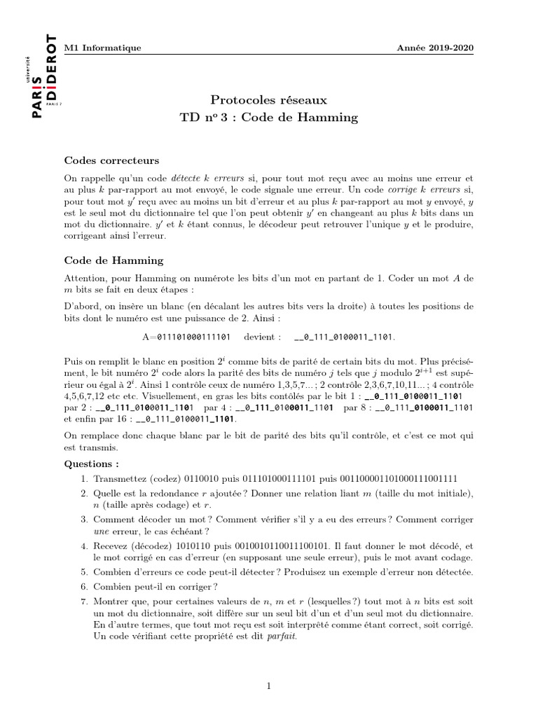 Code de Hamming : Détection et Correction | PDF | Informatique ...