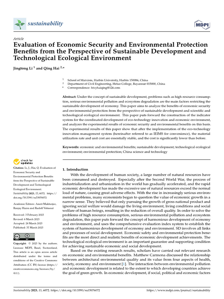 Evaluation of Economic Security and Environmental Protection Benefits ...