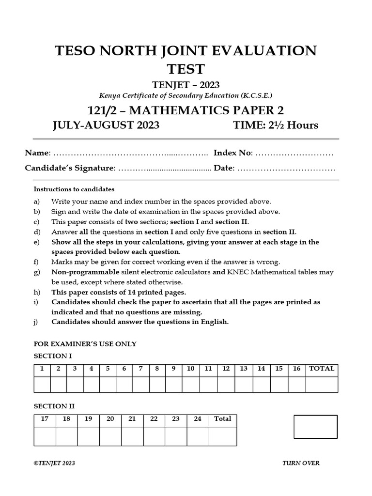 Mathematics Tenjet PP2 QNS - 230827 - 221956 | PDF | Circle | Mathematics