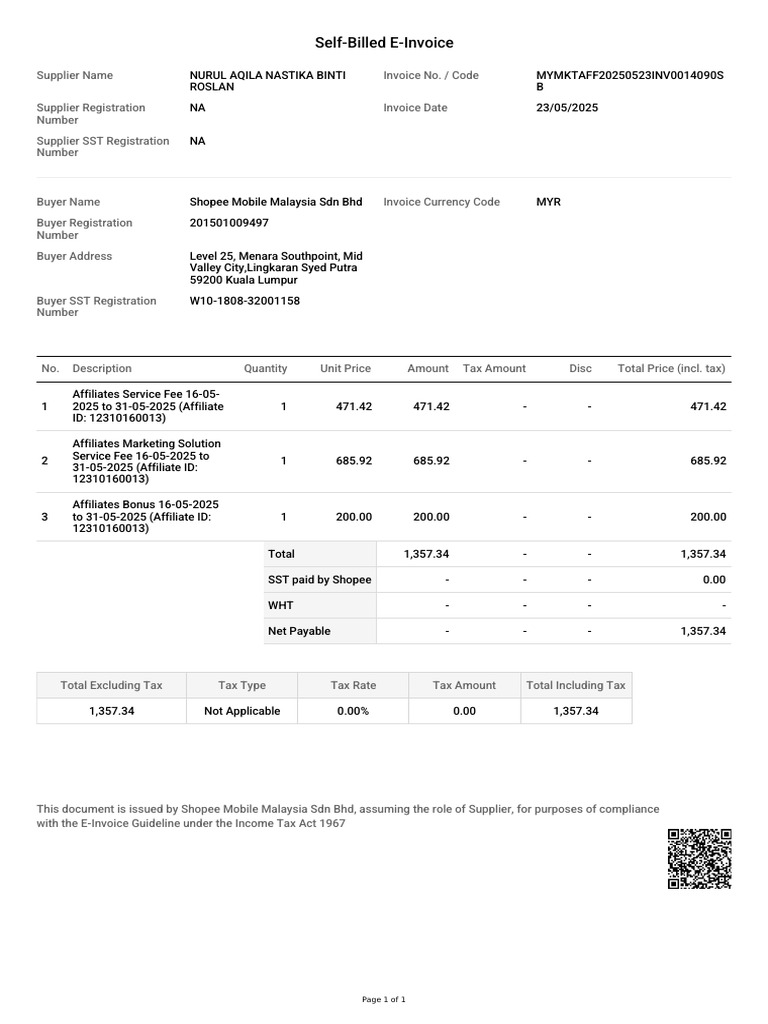 Self-Billed E-Invoice for Shopee Services | PDF | Taxes | Invoice