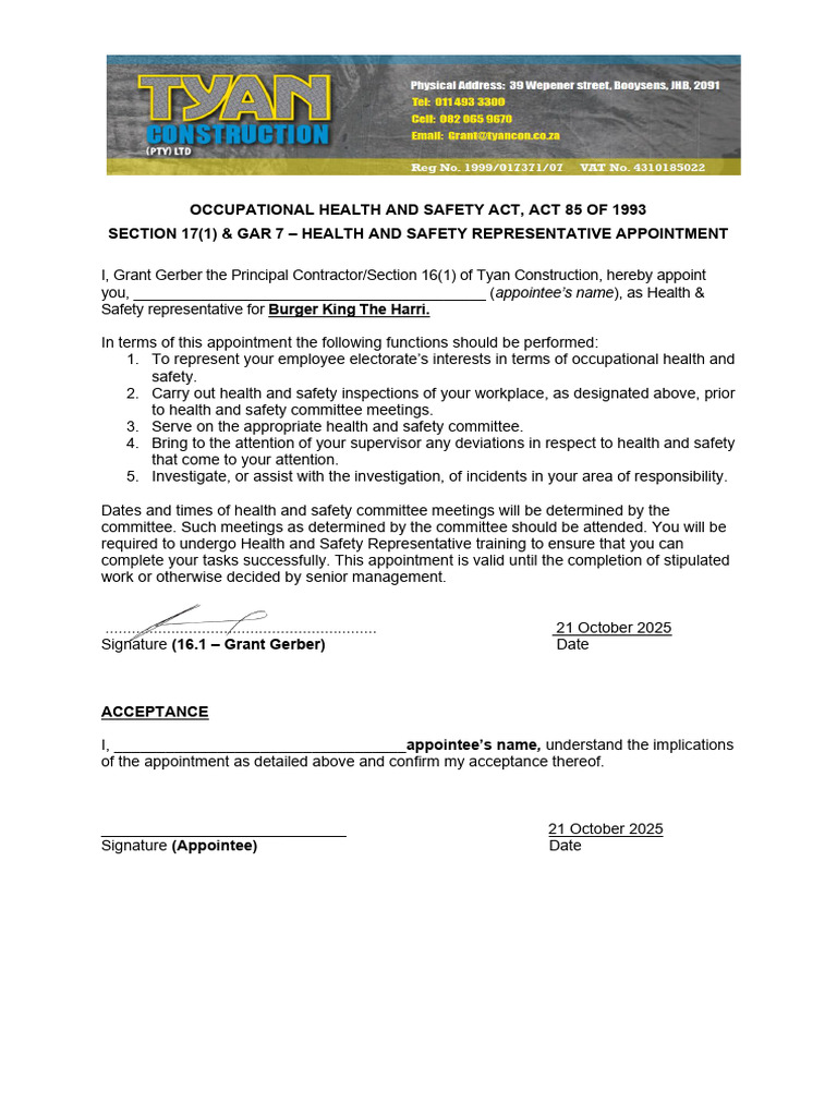 Health & Safety Representative Appointment | PDF