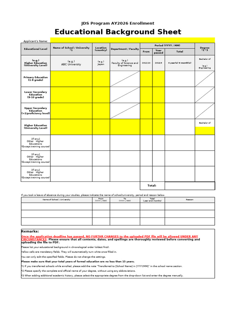 AY2026 Nepal - Education Background & Work Experience Sheet | PDF