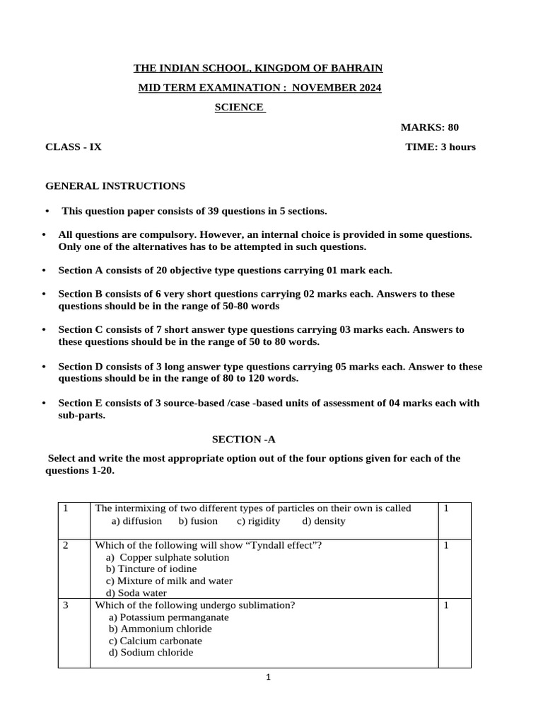 Class IX Science Mid Term Exam 2024 | PDF | Osmosis | Velocity