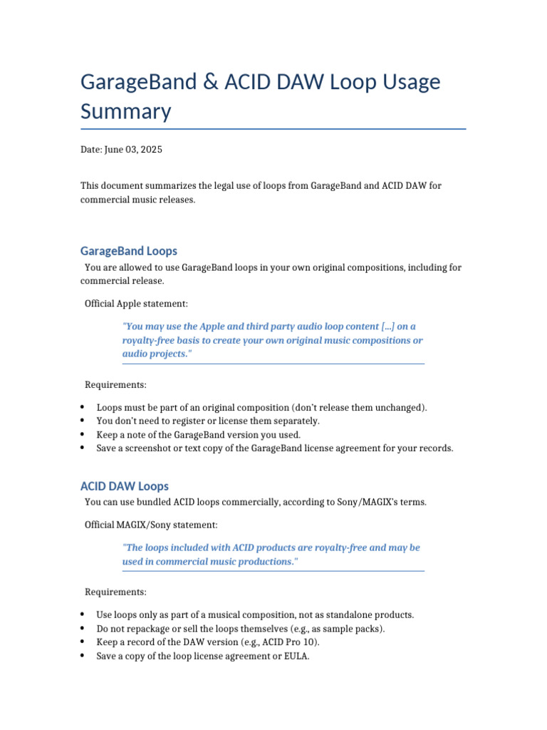GarageBand ACID Loop Usage Summary | PDF