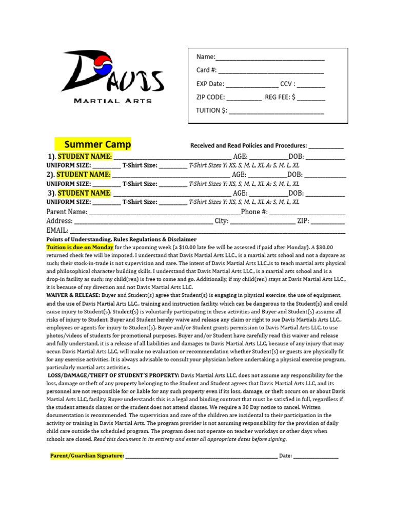 Summer Camp Registration Form | PDF | Legal Liability | Common Law