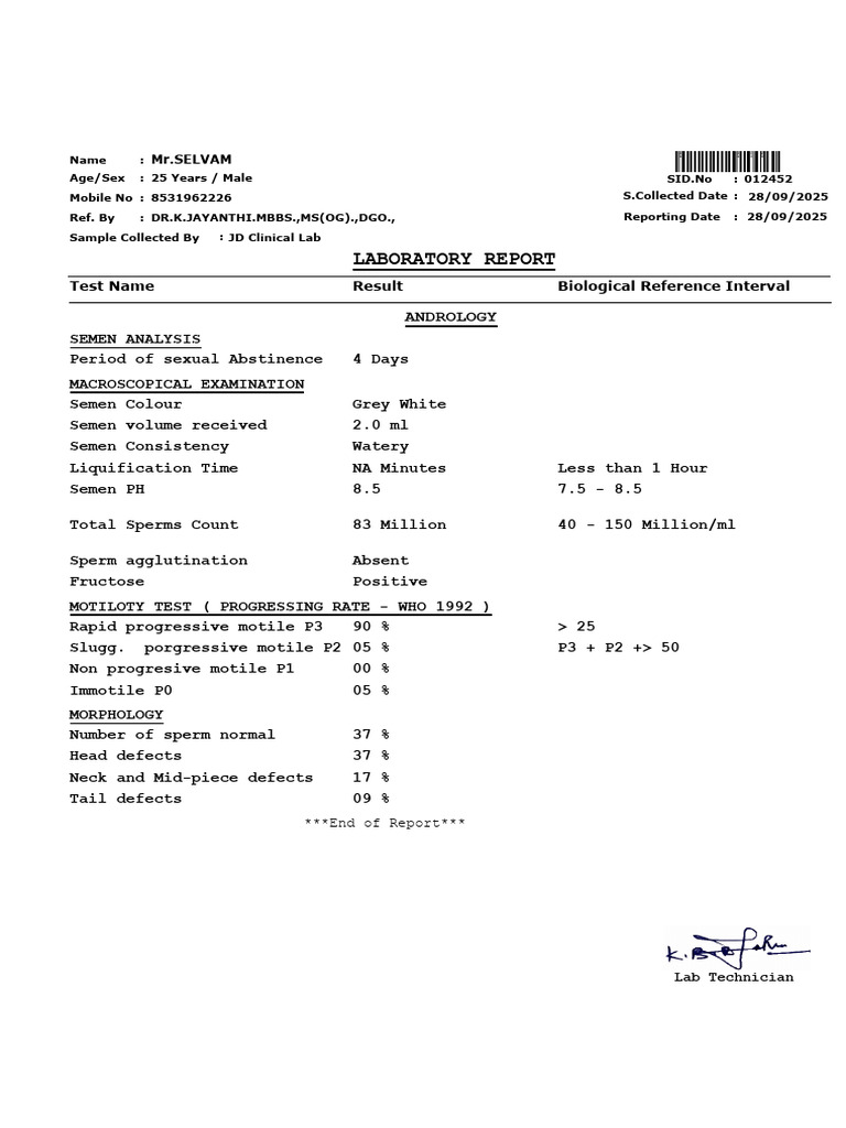 Semen Analysis Laboratory Report | PDF