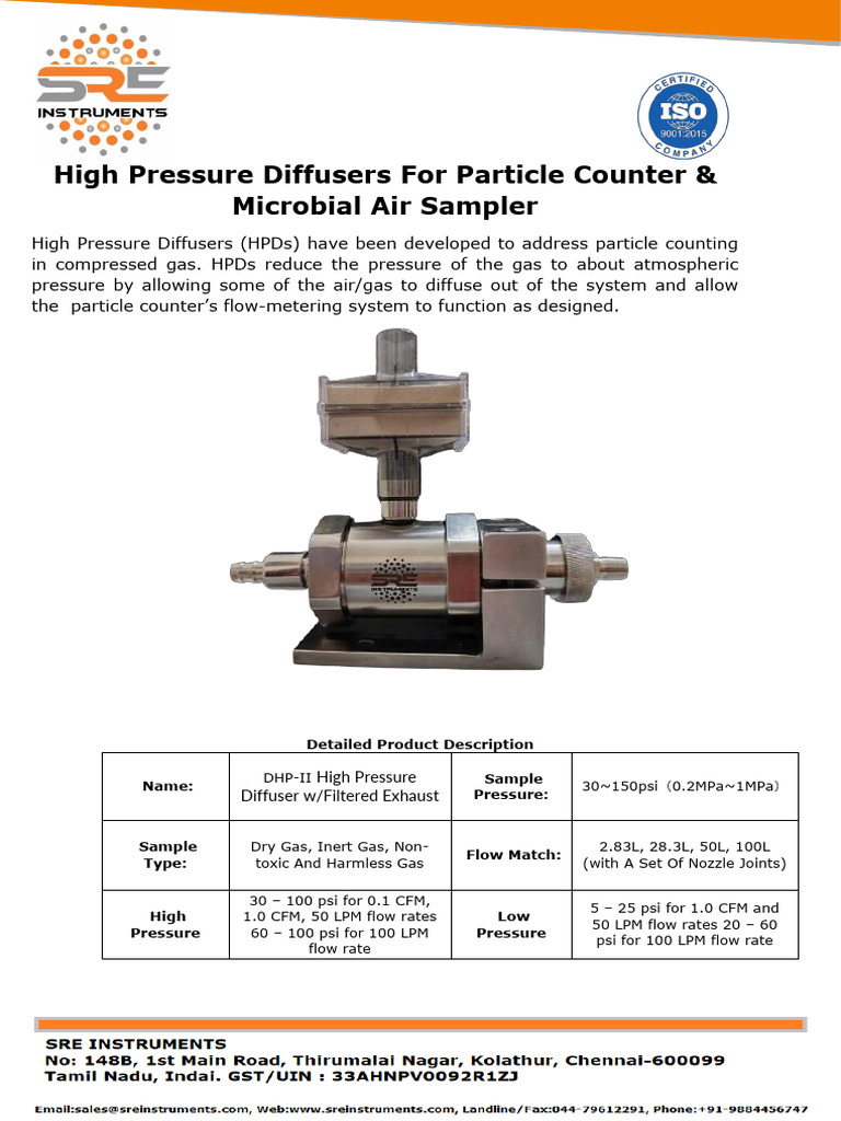 High Pressure Diffuser for Particle Counters | PDF | Gases | Pressure