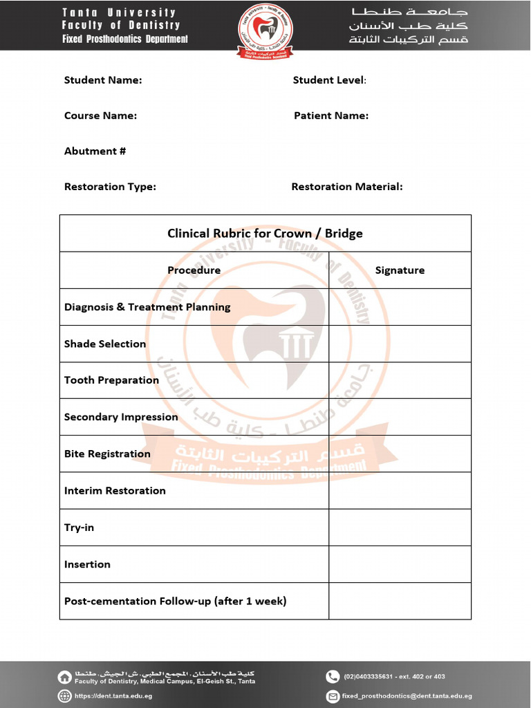 Crown and Bridge Clinical Checklist | PDF