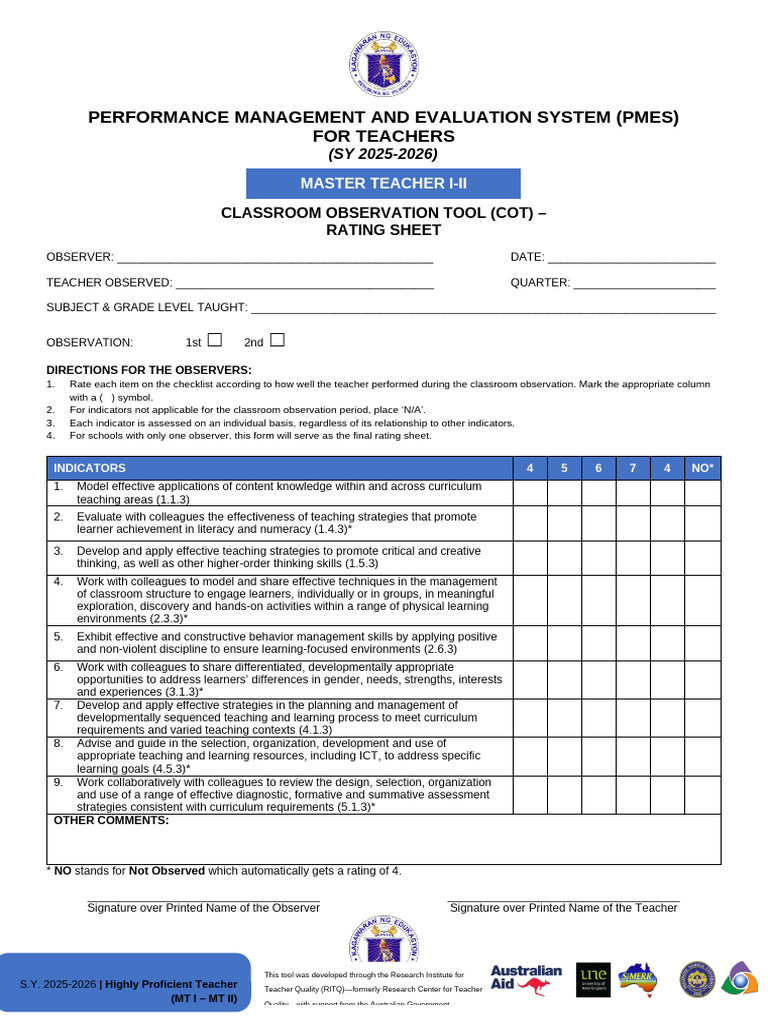 COT Rating Sheet for Highly Proficient Teachers | PDF | Teachers | Learning