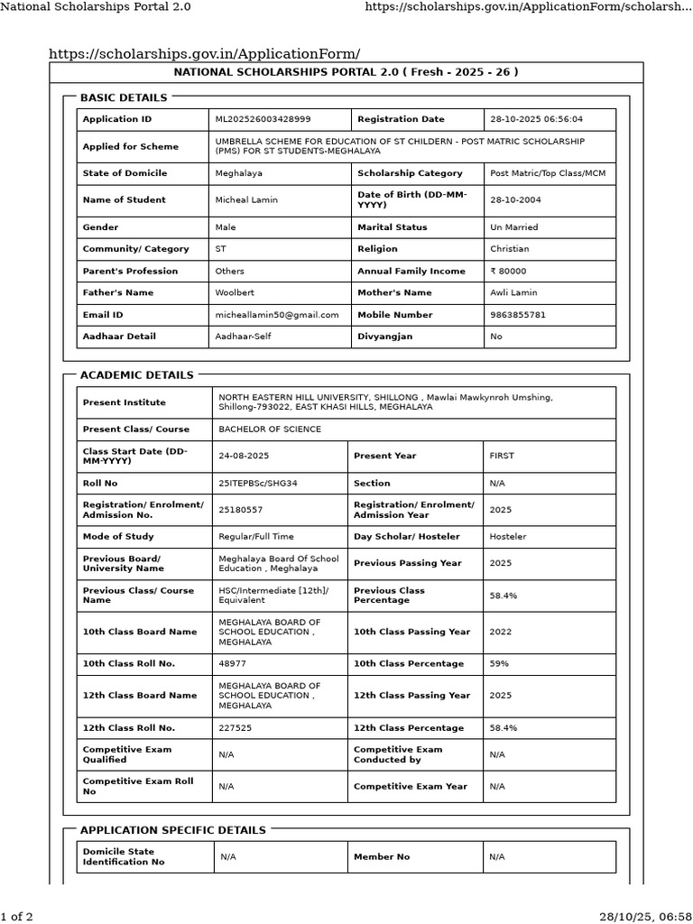 Meghalaya ST Students Scholarship Application | PDF | Identity Document ...