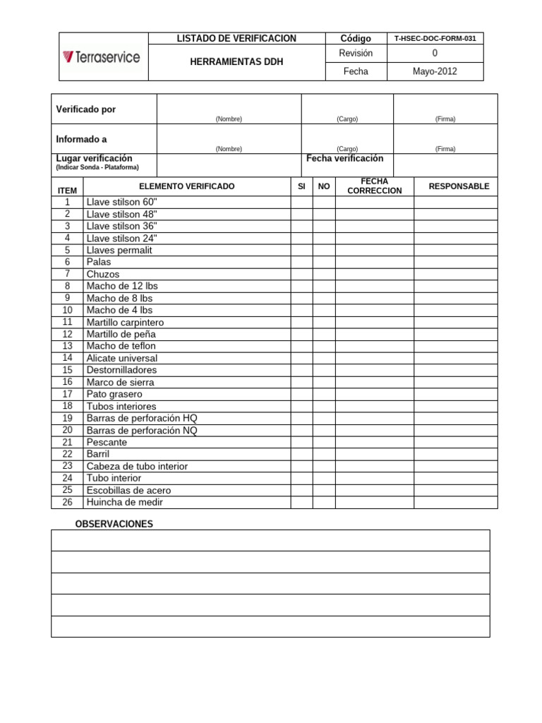 T Hsec Doc Form 031 Verif Herramientas DDH | PDF