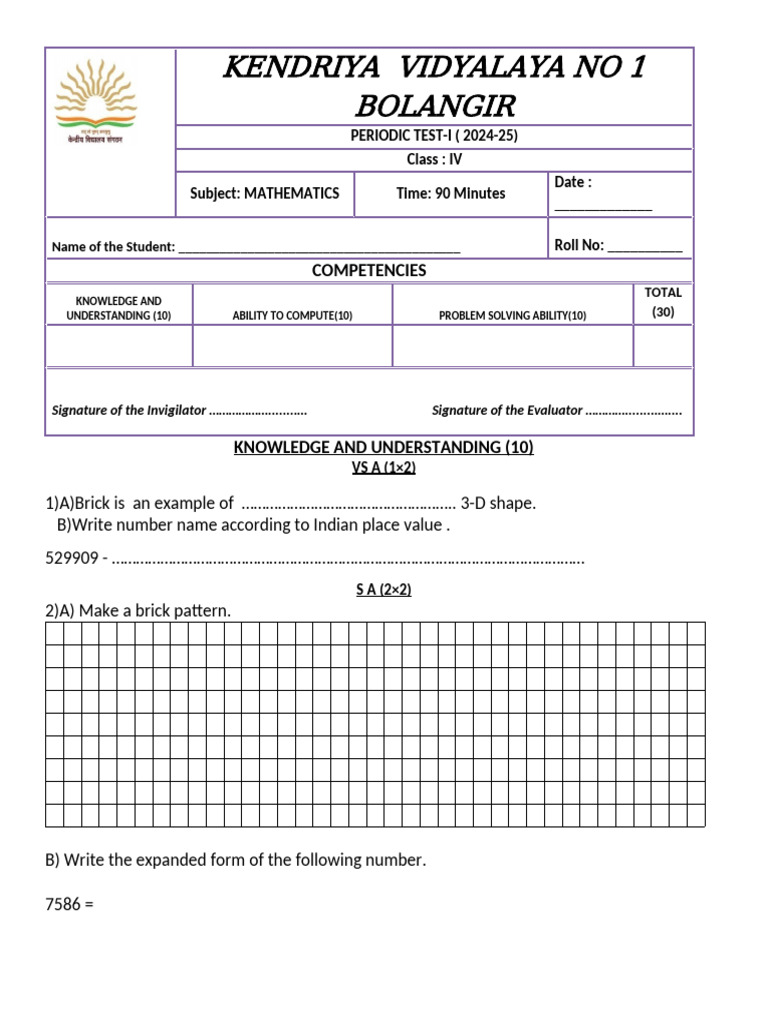 Class IV Mathematics Test 2024-25 | PDF