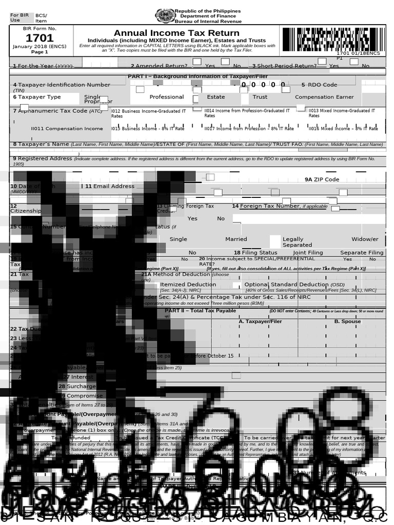 BIR Form 1701: Annual Income Tax Return | PDF | Tax Deduction | Income Tax