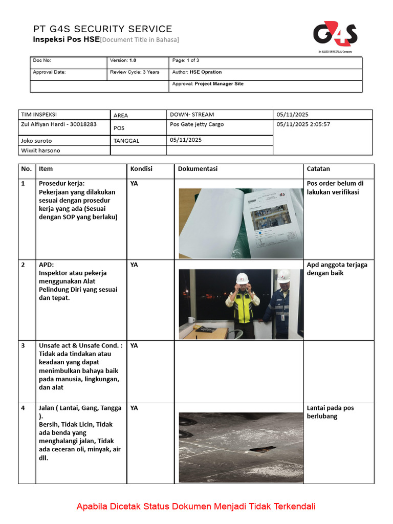 Inspeksi Pos DOWN - STREAM Pos Gate Jetty Cargo 05-11-2025 | PDF