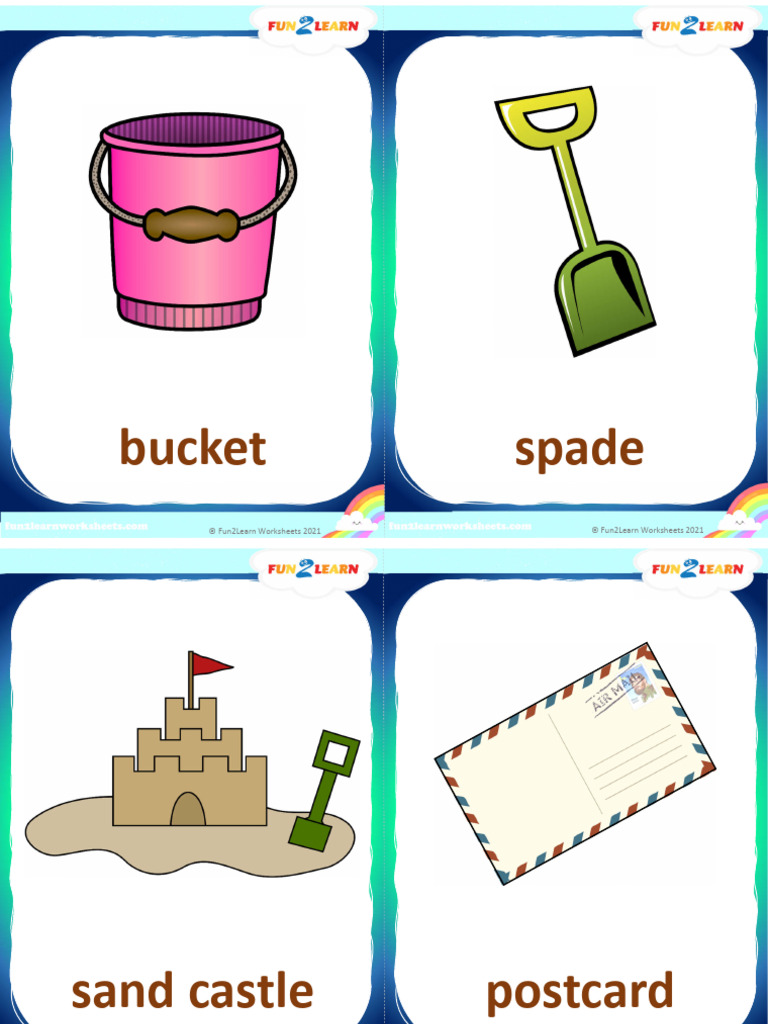 Flashcards Bucket Spade Sand Castle Postcard Sunglasses Beach Umbrella ...