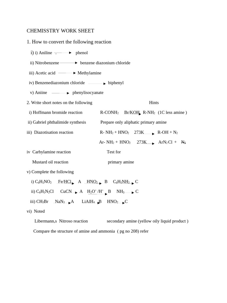 Chemistry Worksheet: Amine Reactions | PDF