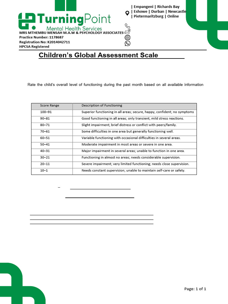 Children's Global Assessment Scale Guide | PDF