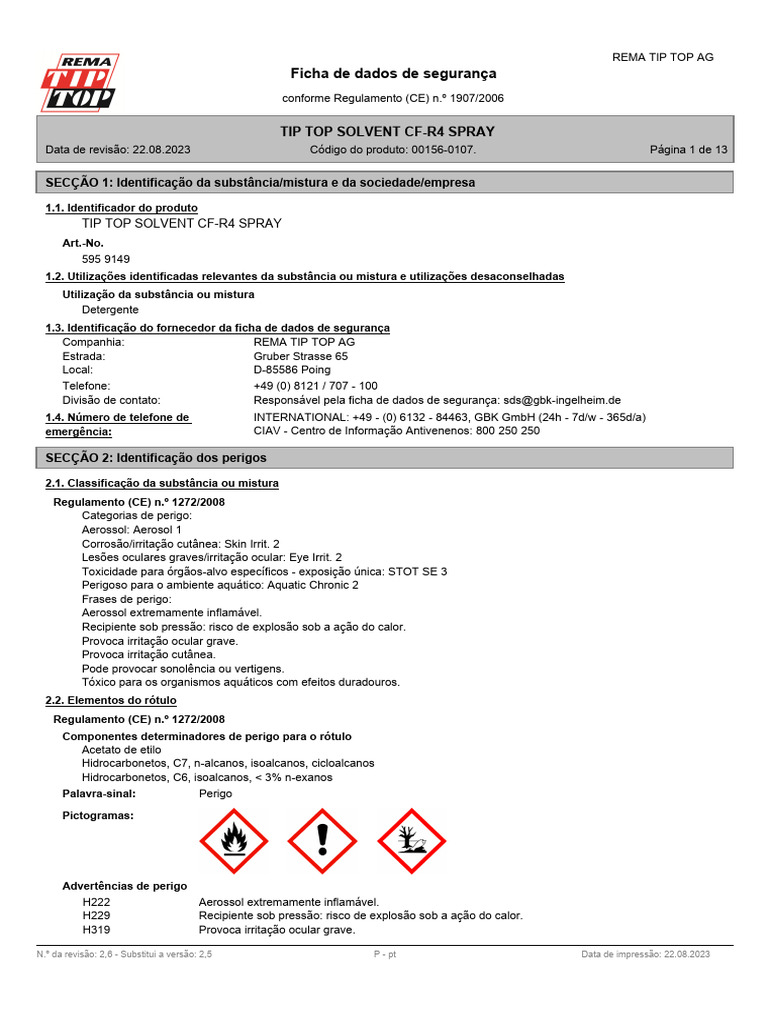 PT PT Tip Top Solvent Cf-r4 Spray 0107 | PDF | Desperdício | Toxicidade
