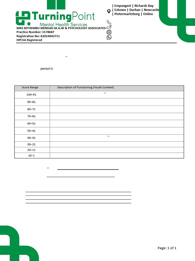 Youth GAF Scale Assessment Guide | PDF | Anxiety | Behavioural Sciences