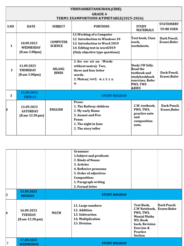 Grade 4 Term 1 Exam Timetable 2025-26 | PDF | Linguistic Morphology ...