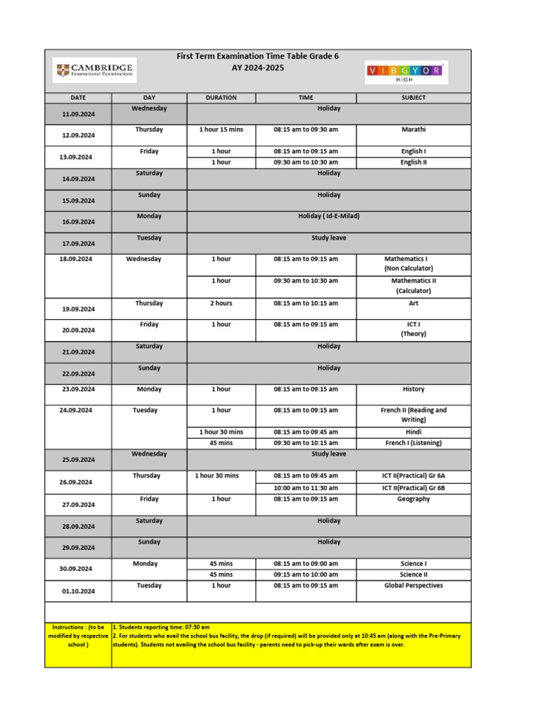 Grade 6 First Term Exam Schedule 2024 | PDF