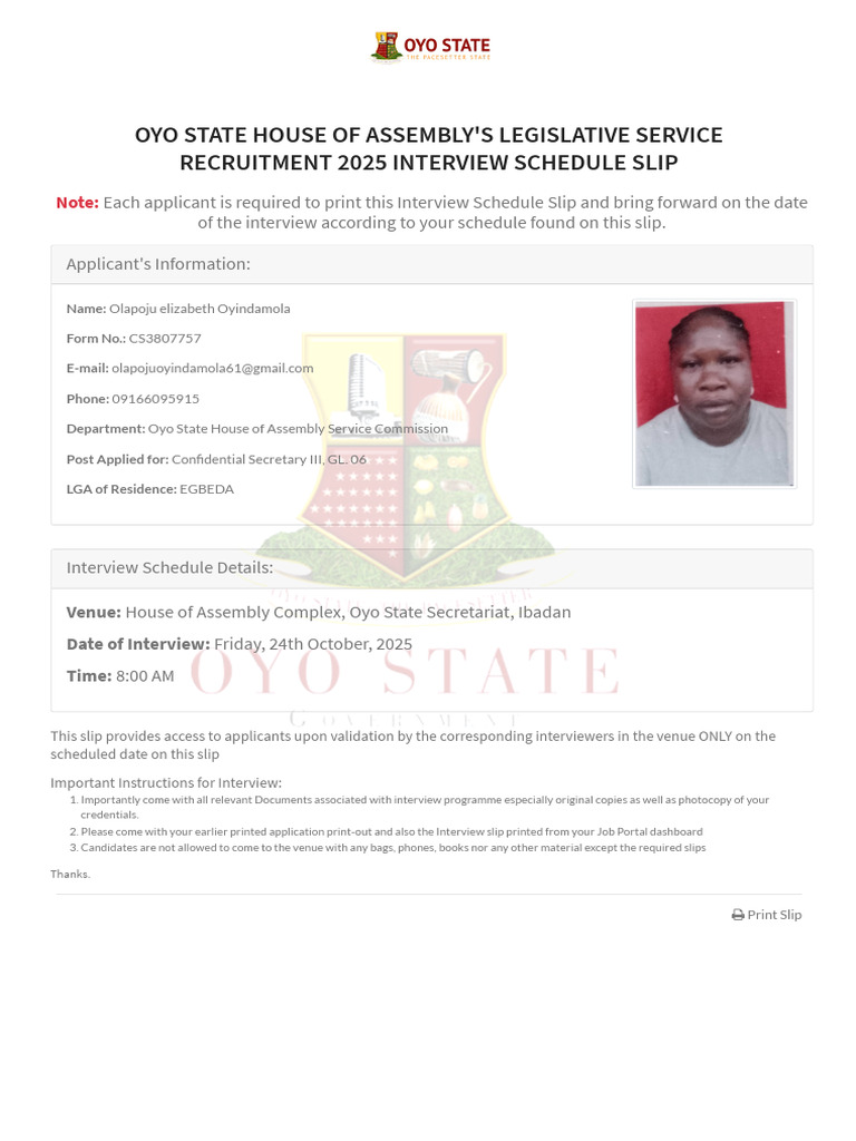 Oyinda Interview Schedule Slip - Oyo State Job Portal | PDF