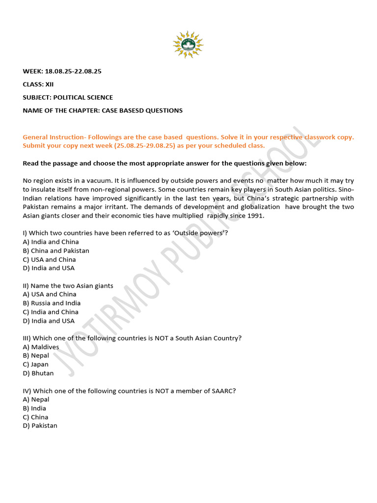 18.08.25-22.08.25 Case Based Questions Xii | PDF
