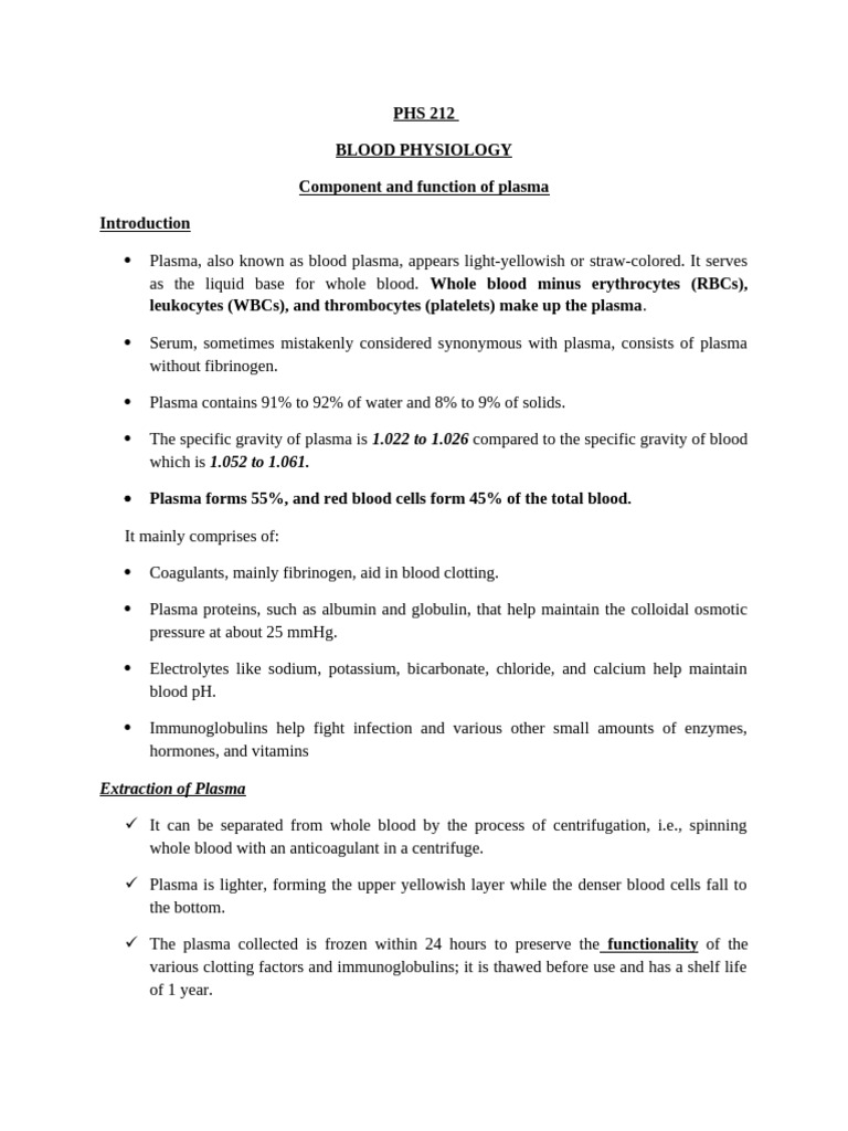 Main Components of Blood Plasma | PDF | Blood Plasma | Coagulation