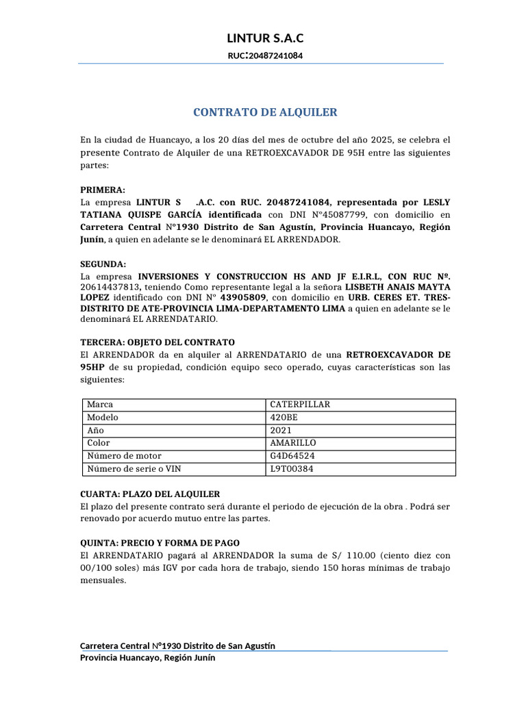 Contrato de Alquiler de Retroexcavadora | PDF