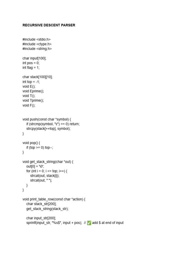 Recursive Descent Parser in C | PDF | Computer Science | Computing