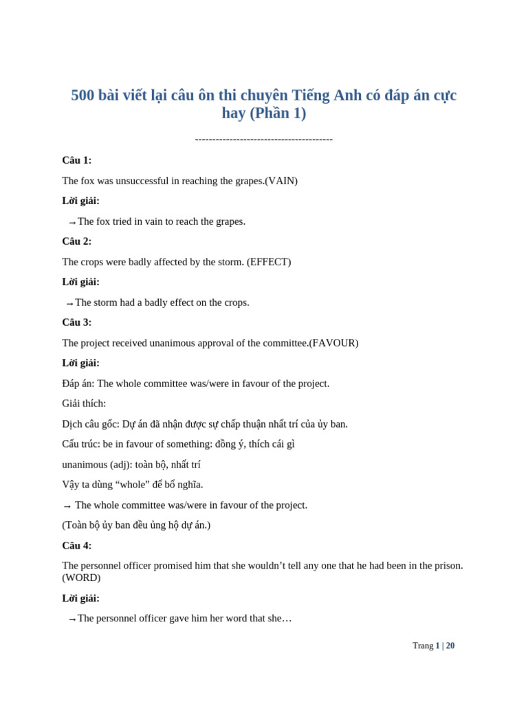 500 Bai Viet Lai Cau On Thi Chuyen Tieng Anh Co Dap An Cuc Hay Phan 1 ...