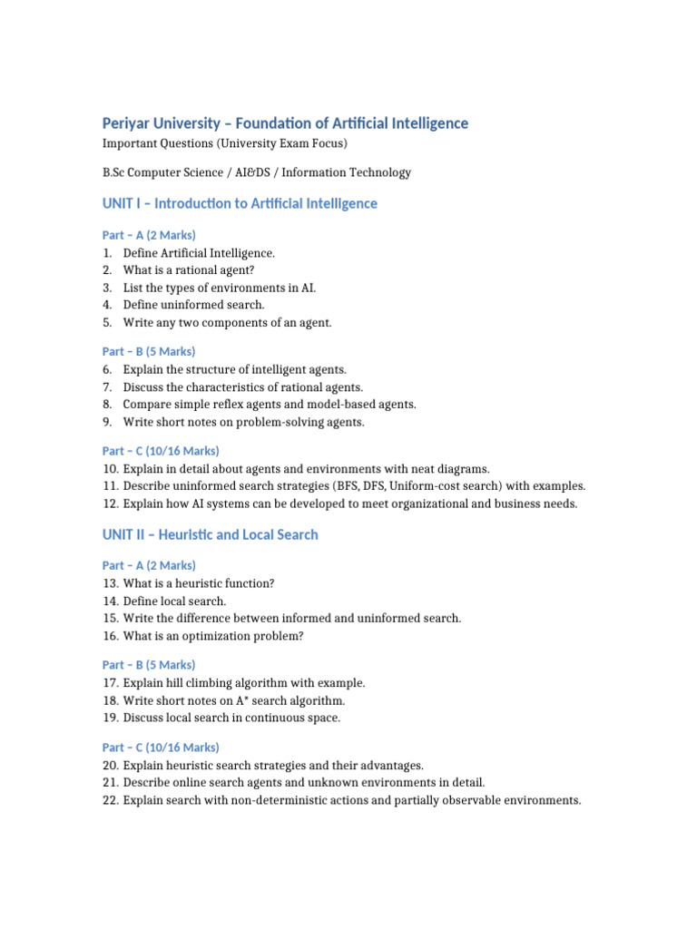 Foundation of AI Important Questions Periyar University | PDF | Logic ...