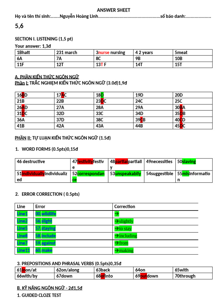 English Language Exam Answer Sheet | PDF | Grammar | Linguistic Typology