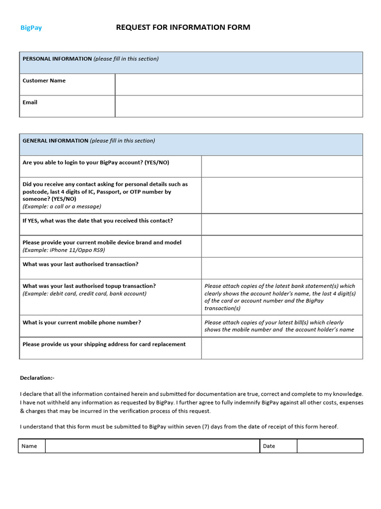 Request For Information Form 2 | PDF