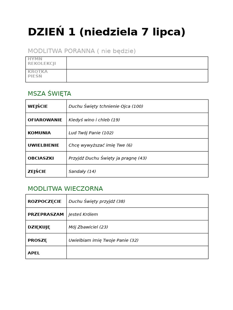 Rozpiska Pieśni Na Każdy Dzień | PDF