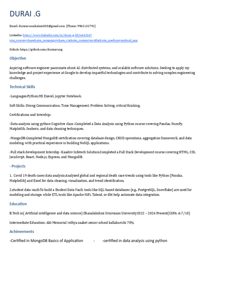 Aspiring Software Engineer Profile | PDF