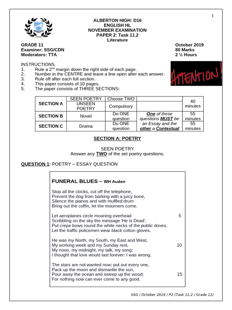 Grade 11 English Literature Exam Paper | PDF | Macbeth | Poetry