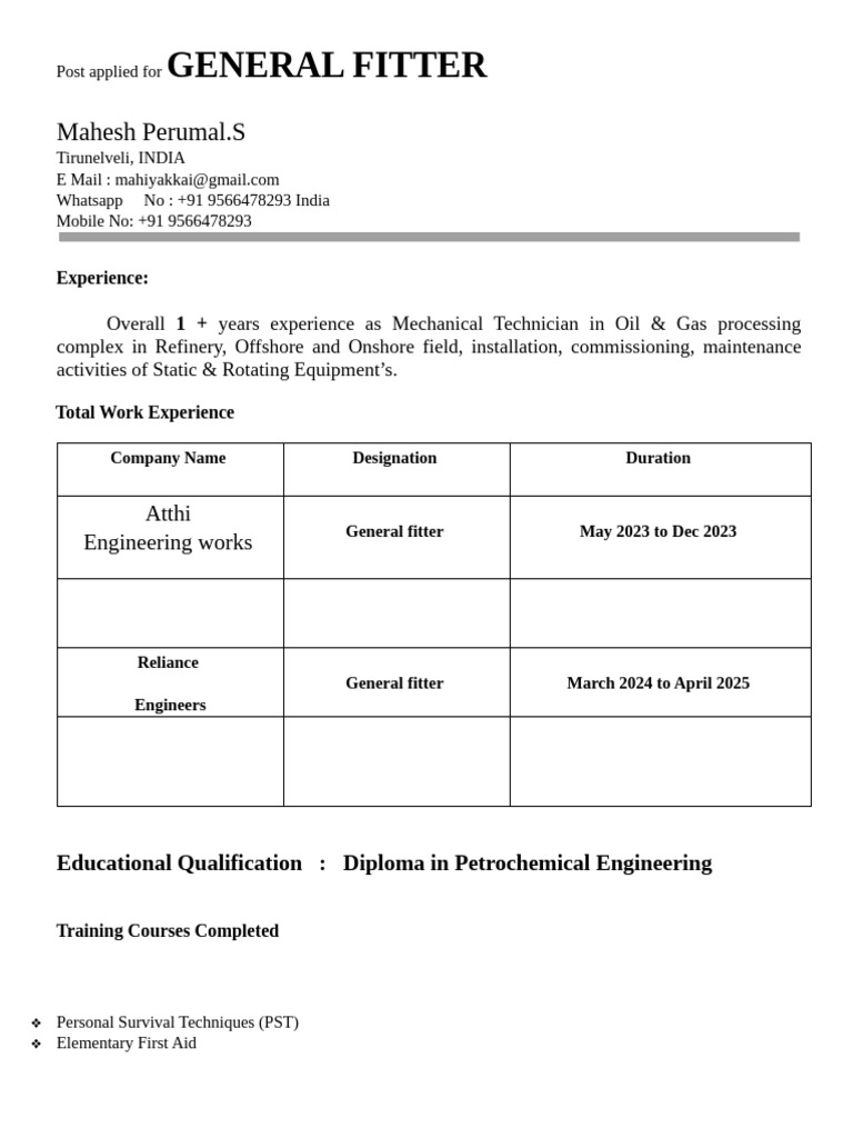 General Fitter Resume - Mahesh Perumal | PDF | Valve | Mechanical ...