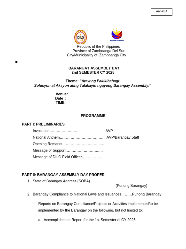 Barangay Assembly Day 2025 Agenda | PDF