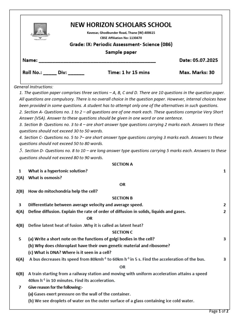 Grade 9 PA1 Science Sample Paper 2025 2026 | PDF | Cell (Biology ...