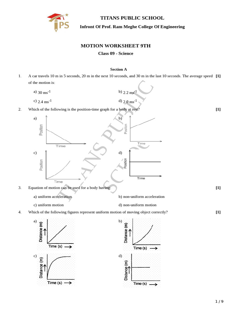 9th Grade Science Motion Worksheet | PDF | Acceleration | Velocity