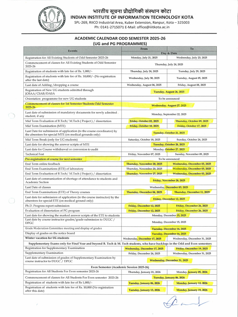 Revised Academic Calendar Odd Semester 2025-26 (UG and PG Programmes) | PDF