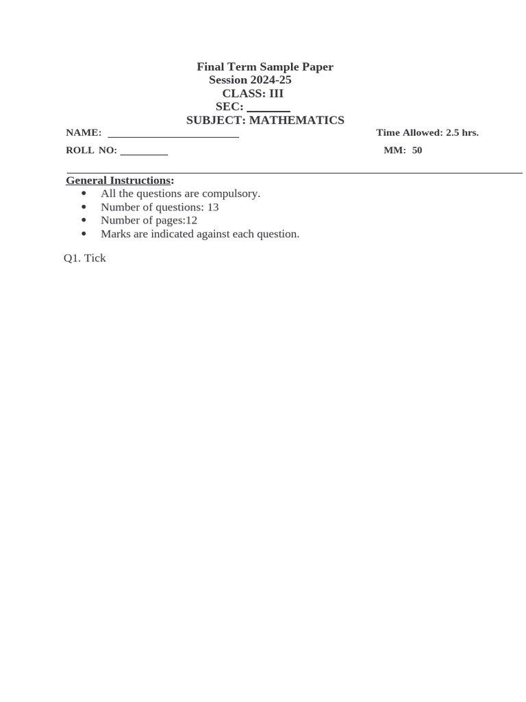 Class III Mathematics Sample Paper | PDF