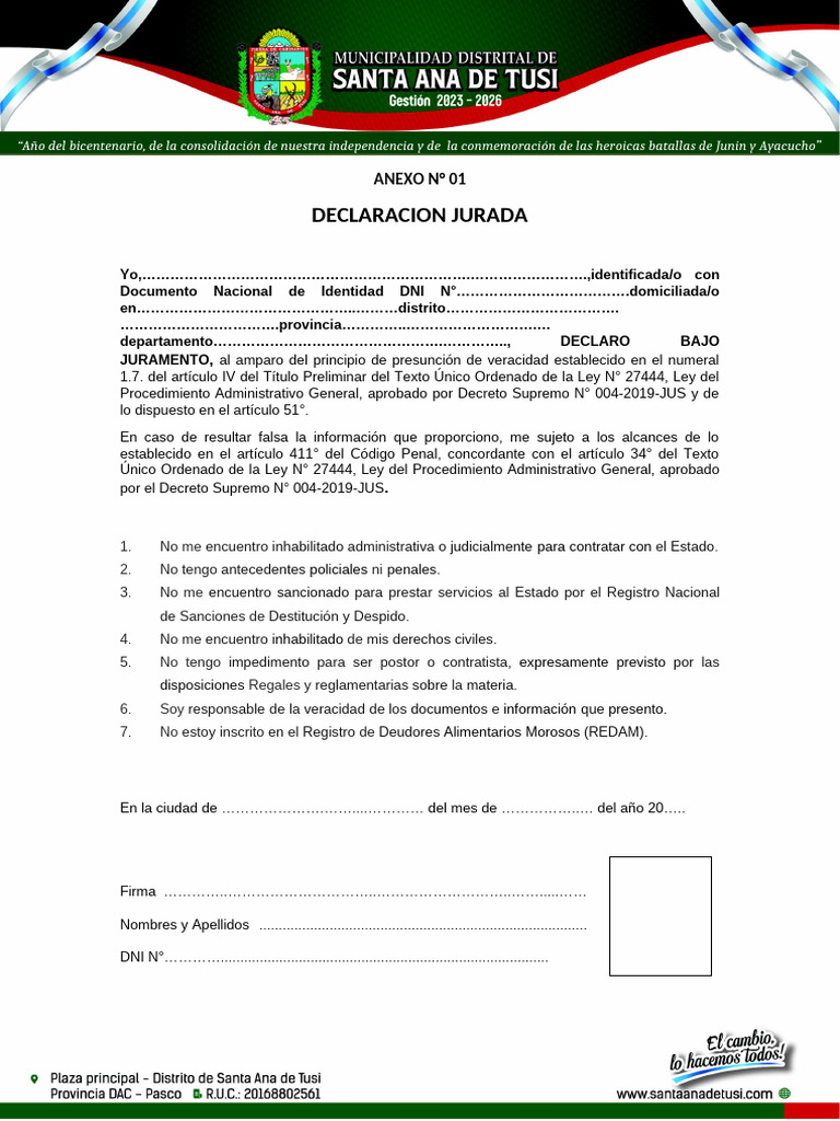 Declaración Jurada Anexo 1, 2, 3 para Locadores Mdsat | PDF ...