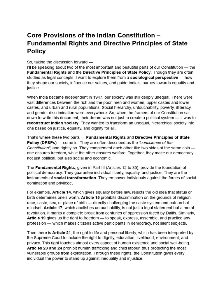 Core Provisions of The Indian Constitution | PDF | Egalitarianism ...