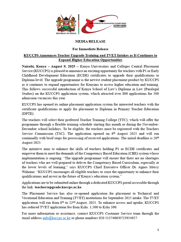 KUCCPS Teacher Upgrade Training Announced | PDF | Vocational Education ...